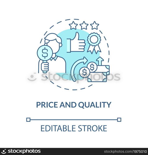 Price and quality blue concept icon. Customer satisfaction level from purchased goods. Operations managment abstract idea thin line illustration. Vector isolated outline color drawing. Editable stroke. Price and quality blue concept icon