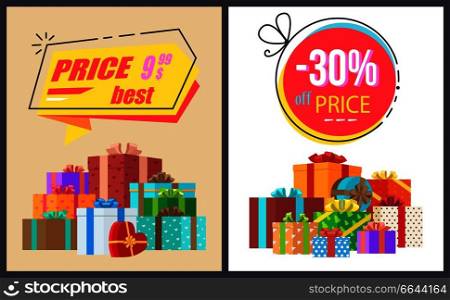 Price best -30  posters set with headlines written in geometric shapes and icons of boxes of different shape and color on vector illustration. Price Best -30  Posters on Vector Illustration