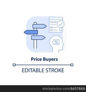 Price buyers light blue concept icon. Lowest price seekers. Dealing with customers abstract idea thin line illustration. Isolated outline drawing. Editable stroke. Arial, Myriad Pro-Bold fonts used. Price buyers light blue concept icon