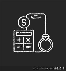 Price calculation chalk white icon on black background. Formula pricing. Establishing selling price for product. Pawn estimator, calculator. Commission cost. Isolated vector chalkboard illustration. Price calculation chalk white icon on black background