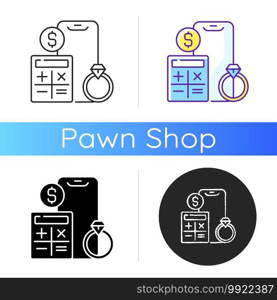 Price calculation icon. Formula pricing. Establishing selling price for product. Pawn estimator, calculator. Commission cost. Linear black and RGB color styles. Isolated vector illustrations. Price calculation icon