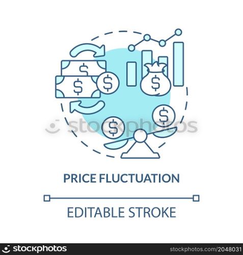 Price fluctuation turquoise blue concept icon. International stock prices abstract idea thin line illustration. Isolated outline drawing. Editable stroke. Roboto-Medium, Myriad Pro-Bold fonts used. Price fluctuation turquoise blue concept icon