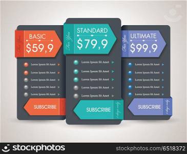 Price list widget with 3 payment plans for online services, pricing table for websites and applications.. Price list widget with 3 payment plans for online services, pric