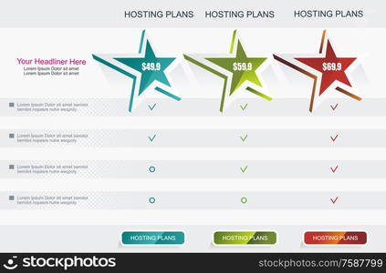 Price list widget with 3 payment plans for online services, pricing table for websites and applications.