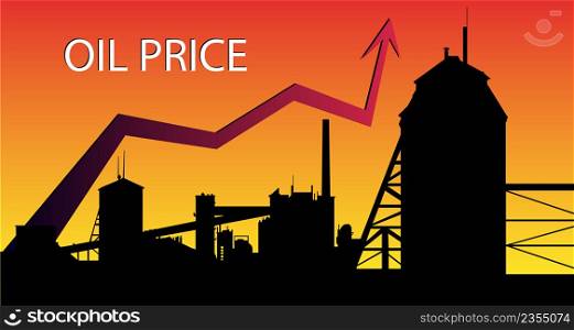 Price of Oil rising with red up arrow in upward trend against sunset background with oil shale processing plant silhouette. World crisis and collapse. Banner for news. Vector.. Price of Oil rising with red up arrow in upward trend against sunset background with oil shale processing plant silhouette. World crisis and collapse. Banner for news.