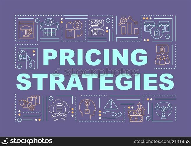 Price optimization word concepts dark purple banner. Market positioning. Infographics with linear icons on background. Isolated typography. Vector color illustration with text. Arial-Black font used. Price optimization word concepts dark purple banner