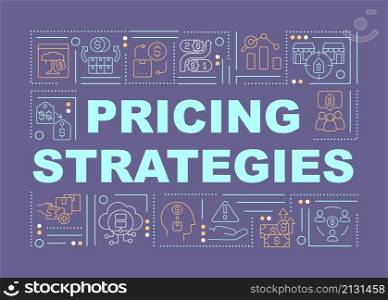 Price optimization word concepts dark purple banner. Market positioning. Infographics with linear icons on background. Isolated typography. Vector color illustration with text. Arial-Black font used. Price optimization word concepts dark purple banner