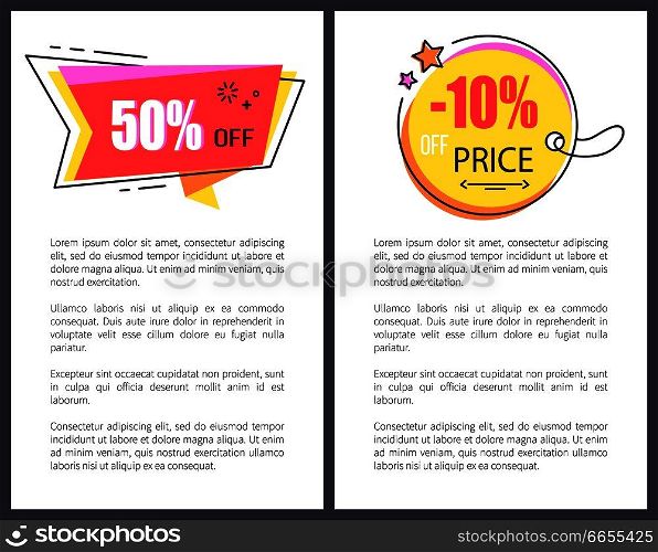 Price reduction announcement promo banners with stickers in form of round tag with thread and stars, and uneven geometric shape vector illustrations.. Price Reduction Announcement Bright Promo Banner