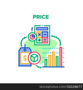 Price Selling Vector Icon Concept. Price Market Monitoring And Calculating On Calculator Device, Sale Rate On Label In Shop And Discount. Purchase Information On Tag Color Illustration. Price Selling Vector Concept Color Illustration