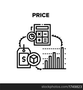 Price Selling Vector Icon Concept. Price Market Monitoring And Calculating On Calculator Device, Sale Rate On Label In Shop And Discount. Purchase Information On Tag Black Illustration. Price Selling Vector Black Illustrations