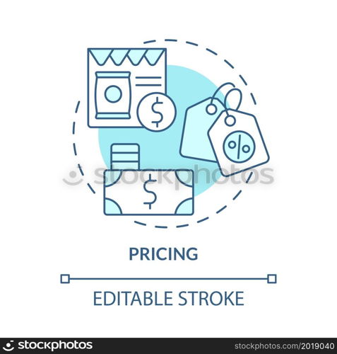 Price setting process concept icon. Marketing strategy. Customer attractive offer. Determine product cost abstract idea thin line illustration. Vector isolated outline color drawing. Editable stroke. Price setting process concept icon