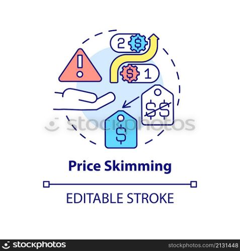Price skimming concept icon. Pricing optimization abstract idea thin line illustration. Bringing product to market. Isolated outline drawing. Editable stroke. Roboto-Medium, Myriad Pro-Bold fonts used. Price skimming concept icon