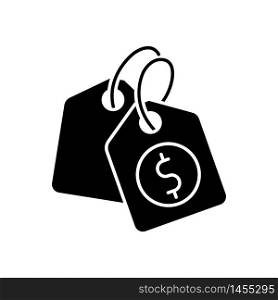 Price tag black glyph icon. Label for purchased merchandise. E commerce and distribution of products. Retail cost coupon. Silhouette symbol on white space. Vector isolated illustration. Price tag black glyph icon