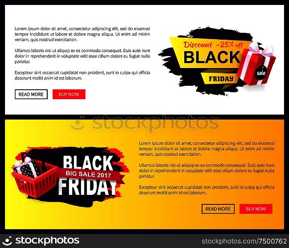 Price Tag on Black Friday sale with store cart and gift box in dotted paper. Clearance badges, creative labels, shopping basket on online sites templates. Price Tag on Black Friday Sale with Shopping Cart