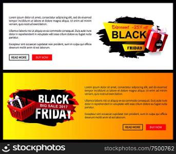 Price Tag on Black Friday sale with store cart and gift box in dotted paper. Clearance badges, creative labels, shopping basket on online sites templates. Price Tag on Black Friday Sale with Shopping Cart