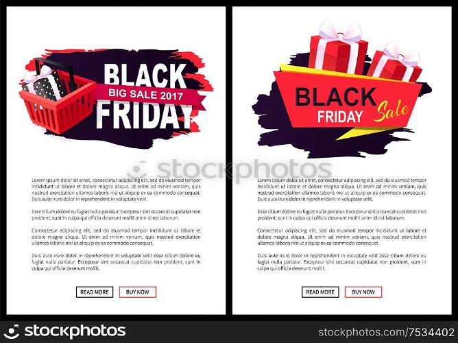 Price Tag on Black Friday sale with store cart and gift boxes. Clearance badge template, creative label, shopping basket full of gifts on web posters. Price Tag on Black Friday Sale with Shopping Cart
