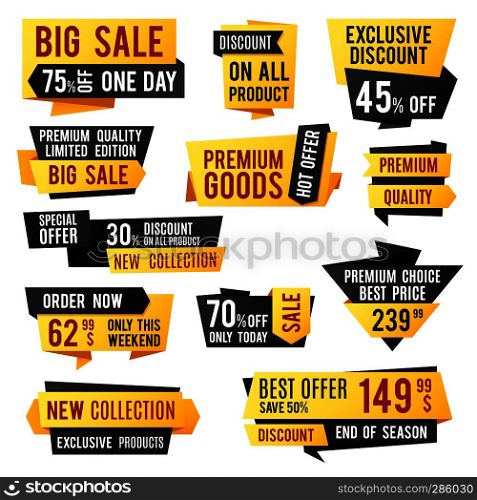 Price tag, promo banners and discount labels. Business presentation design vector elements. Illustration of template tag shopping collection. Price tag, promo banners and discount labels. Business presentation design vector elements