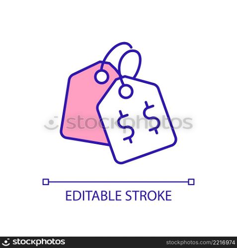 Price tag RGB color icon. Value of product badge. Shopping and commerce. Pay for purchase. Isolated vector illustration. Simple filled line drawing. Editable stroke. Arial font used. Price tag RGB color icon