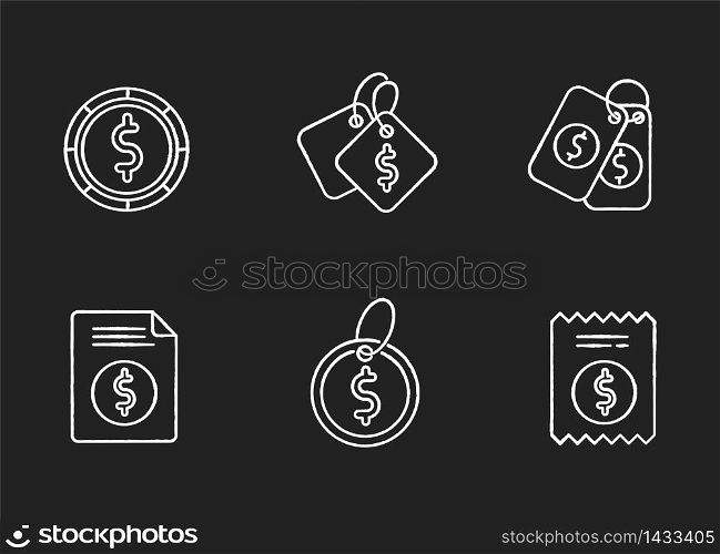 Price tags chalk white icons set on black background. Label for purchased merchandise. E commerce and distribution of products. Boutique shop receipt. Isolated vector chalkboard illustrations. Price tags chalk white icons set on black background