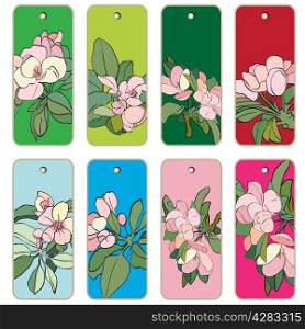 Price tags collection with apple tree flowers, hand drawn cartoon illustrations over colored backgrounds, series isolated on white