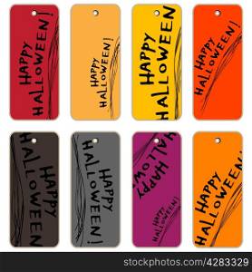 Price tags collection with Happy Halloween, hand drawn cartoon illustrations over colored backgrounds, series isolated on white