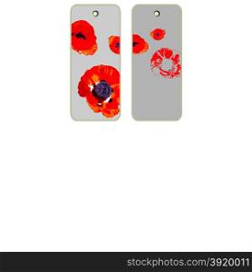 Price tags collection with poppy flowers, hand drawn cartoon illustrations over different grey backgrounds, series isolated on white