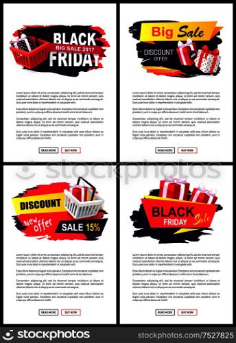 Price Tags on Black Friday sale with store cart and gift box in dotted paper. Clearance badges template, creative labels, shopping basket on web posters. Price Tags on Black Friday Sale Store Cart, gifts