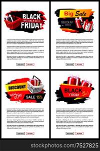 Price Tags on Black Friday sale with store cart and gift box in dotted paper. Clearance badges template, creative labels, shopping basket on web posters. Price Tags on Black Friday Sale Store Cart, gifts