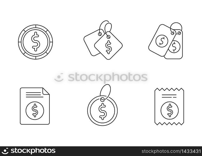 Price tags pixel perfect linear icons set. Label for purchased merchandise. Supermarket checkout. Customizable thin line contour symbols. Isolated vector outline illustrations. Editable stroke. Price tags pixel perfect linear icons set