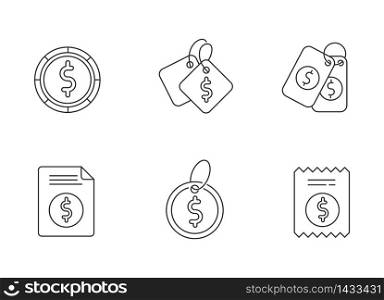 Price tags pixel perfect linear icons set. Label for purchased merchandise. Supermarket checkout. Customizable thin line contour symbols. Isolated vector outline illustrations. Editable stroke. Price tags pixel perfect linear icons set