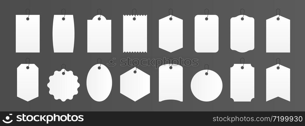 Price tags. Realistic square and round gift box labels, white blank luggage sticker mockup. Vector illustration paper product label for shop in different shapes, isolated set. Price tags. Realistic square and round gift box labels, white blank luggage sticker mockup. Vector paper product label in different shapes, isolated set