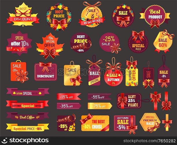 Price tags, shopping isolated icons, autumn sale. Online store, best price or special offer, weekend sale and fall discount or big off. Shop and store emblems, trade and seasonal action cards. Autumn Sale or Fall Discount Icons, Shopping Tags