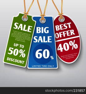 Price tags, stickers, sale labels with discount offers vector templates. Label sale and price tag, illustration of discount tag for retail promotion. Price tags, stickers, sale labels with discount offers vector templates