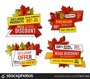 Price tags Thanksgiving offers. Exclusive final cost promotional labels with maple leaves, oak foliage autumn symbols advert emblems isolated vector. Price Tags Thanksgiving Offer Exclusive Final Cost