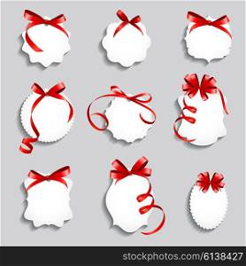 Price Tags with Red Bows and Ribbon Set. Paper Label Design Vector Illustration EPS10. Price Tags with Red Bows and Ribbon Set. Paper Label Design Vec
