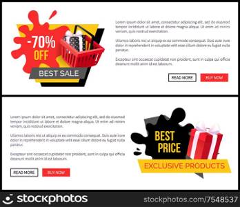 Pricetag 70 percent sale on products vector landing page sample. Blot and ribbons, inflatable balloon, clearance and promotion,best offer discounts. Best Choice Half Price Sale Goods, Vector Web Site
