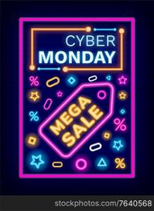 Pricetag with mega sale vector, promotional poster on cyber monday. Neon banner with percent and stars signs. Icon of geometric shapes, triangles and circles. Discount card design flat style. Cyber Monday Promotional Poster with Pricetag