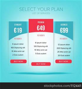 Pricing Business Plans Vector. Contemporary Pricing Business Plans, Data Table Template For Web And Applications. Hosting For Website Tariff illustration. Pricing Business Plans Vector. Contemporary Pricing Business Plans, Data Table Template For Web And Applications.