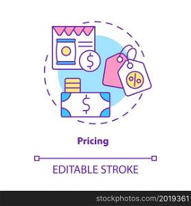 Pricing concept icon. Costs and discounts. Selling strategy. Customer attractive offer. Product value abstract idea thin line illustration. Vector isolated outline color drawing. Editable stroke. Pricing concept icon
