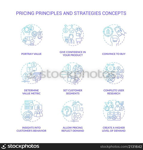 Pricing principles and strategies blue gradient concept icons set. Set customer segments idea thin line color illustrations. Isolated outline drawings. Roboto-Medium, Myriad Pro-Bold fonts used. Pricing principles and strategies blue gradient concept icons set