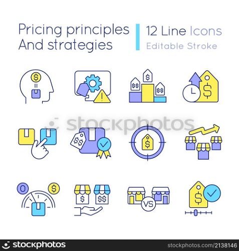 Pricing principles and strategies RGB color icons set. Setting price for product. Isolated vector illustrations. Simple filled line drawings collection. Editable stroke. Quicksand-Light font used. Pricing principles and strategies RGB color icons set
