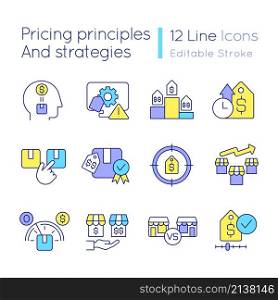 Pricing principles and strategies RGB color icons set. Setting price for product. Isolated vector illustrations. Simple filled line drawings collection. Editable stroke. Quicksand-Light font used. Pricing principles and strategies RGB color icons set