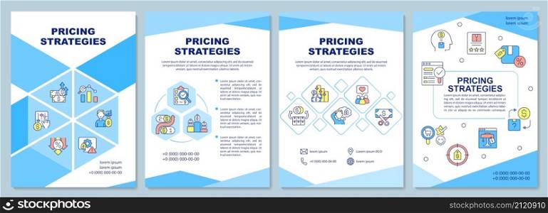 Pricing strategies brochure template. Establish best price. Booklet print design with linear icons. Vector layouts for presentation, annual reports, ads. Arial-Black, Myriad Pro-Regular fonts used. Pricing strategies brochure template