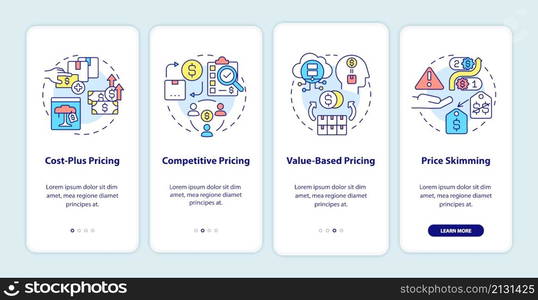 Pricing strategies onboarding mobile app screen. Price skimming walkthrough 4 steps graphic instructions pages with linear concepts. UI, UX, GUI template. Myriad Pro-Bold, Regular fonts used. Pricing strategies onboarding mobile app screen