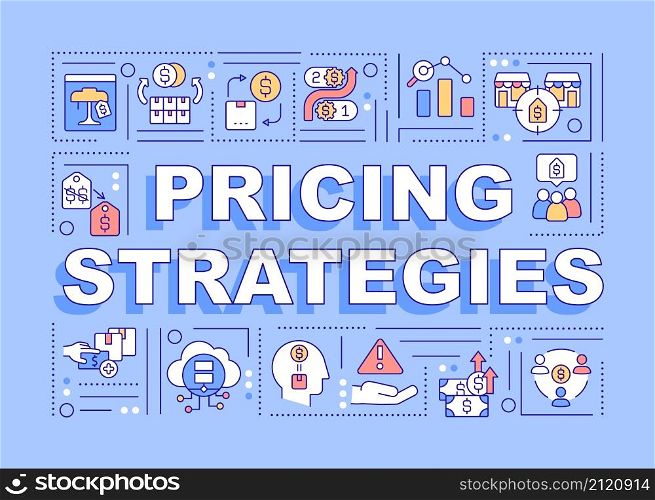 Pricing strategies word concepts purple banner. Market positioning. Infographics with linear icons on background. Isolated typography. Vector color illustration with text. Arial-Black font used. Pricing strategies word concepts purple banner