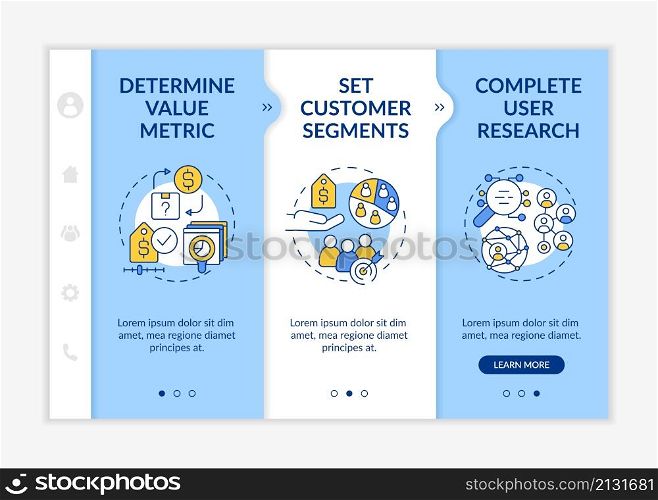 Pricing strategy development blue and white onboarding template. Value metric. Responsive mobile website with linear concept icons. Web page walkthrough 3 step screens. Lato-Bold, Regular fonts used. Pricing strategy development blue and white onboarding template