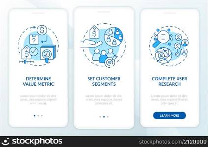 Pricing strategy development blue onboarding mobile app screen. Walkthrough 3 steps graphic instructions pages with linear concepts. UI, UX, GUI template. Myriad Pro-Bold, Regular fonts used. Pricing strategy development blue onboarding mobile app screen