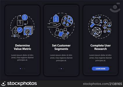 Pricing strategy development night mode onboarding mobile app screen. Walkthrough 3 steps graphic instructions pages with linear concepts. UI, UX, GUI template. Myriad Pro-Bold, Regular fonts used. Pricing strategy development night mode onboarding mobile app screen