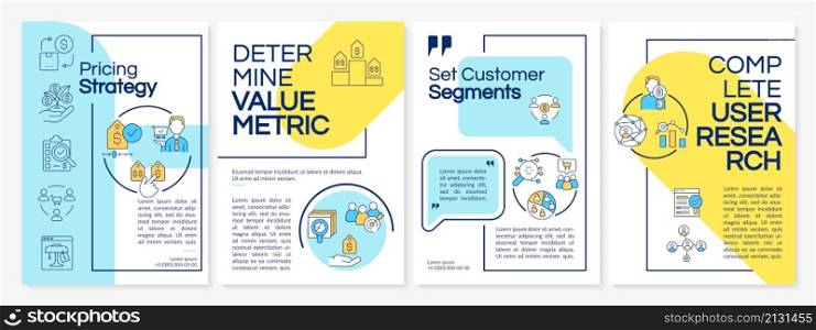 Pricing strategy steps blue and yellow brochure template. Booklet print design with linear icons. Vector layouts for presentation, annual reports, ads. Questrial, Lato-Regular fonts used. Pricing strategy steps blue and yellow brochure template