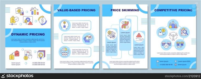 Pricing strategy types brochure template. Dynamic pricing. Booklet print design with linear icons. Vector layouts for presentation, annual reports, ads. Arial-Black, Myriad Pro-Regular fonts used. Pricing strategy types brochure template